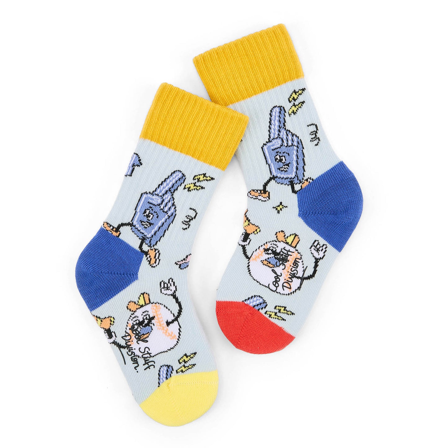 Meias infantis com padrão desportivo azul, amarelo e vermelho Hello Hossy