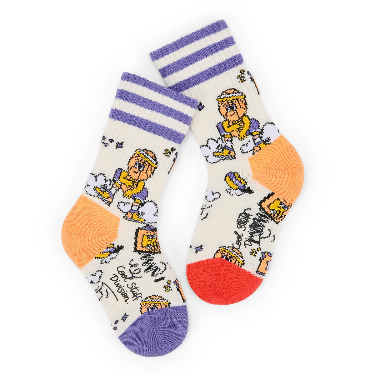 Meias infantis creme com motivo desportivo e detalhes laranja e violeta Hello Hossy