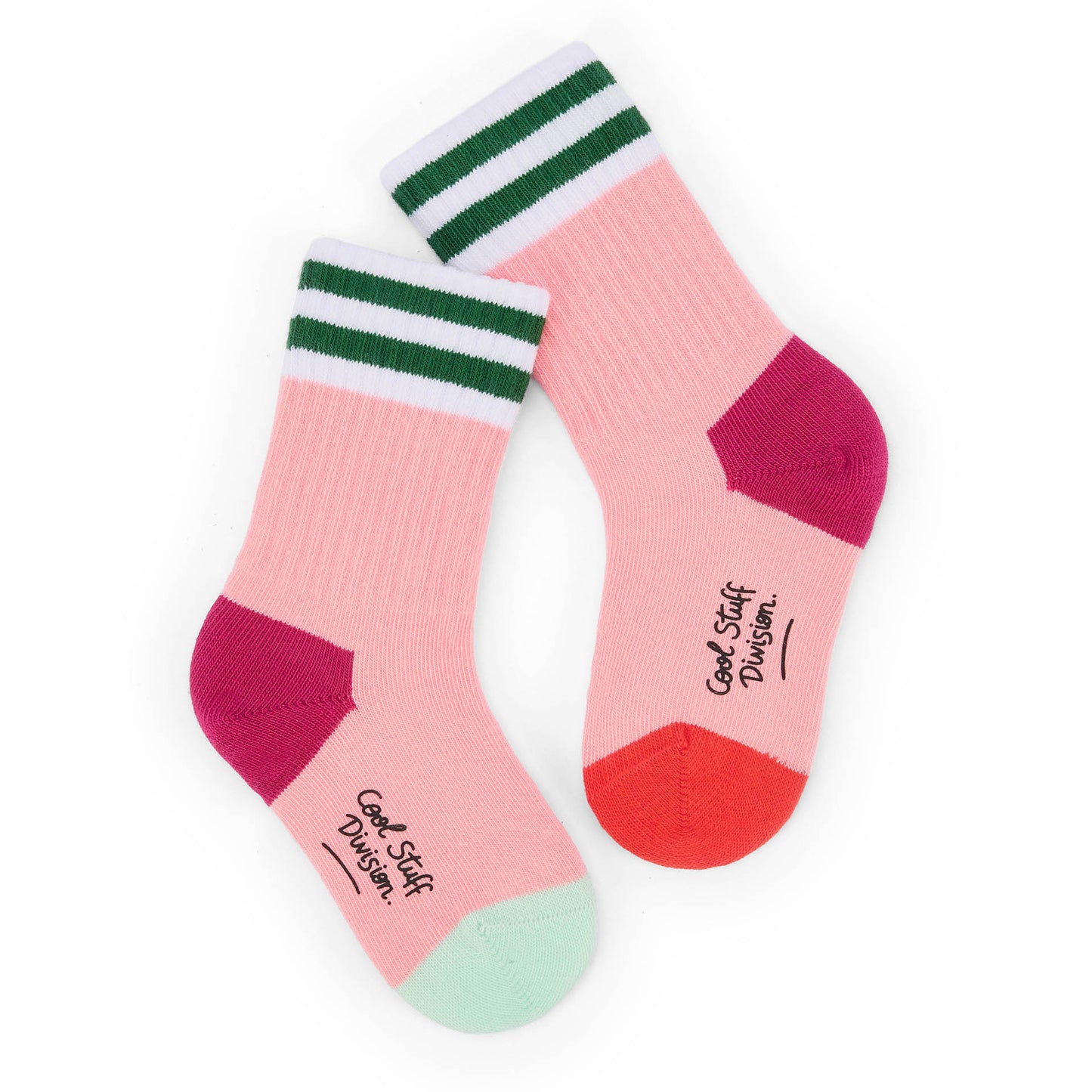 Meias infantis rosa com riscas verdes, calcanhares e pontas coloridos Hello Hossy