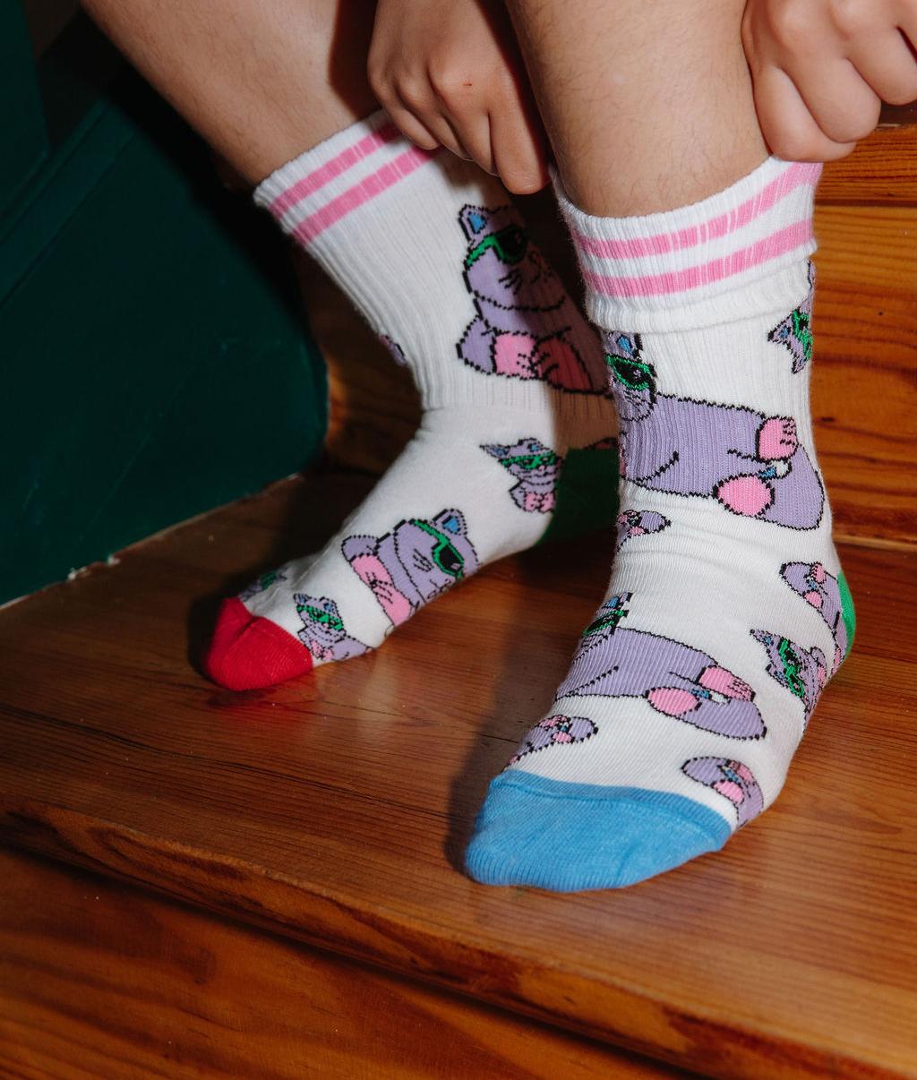 Par de meias com padrões de gatos, calcanhares e pontas coloridos, usadas por uma criança – foto lifestyle – Hello Hossy