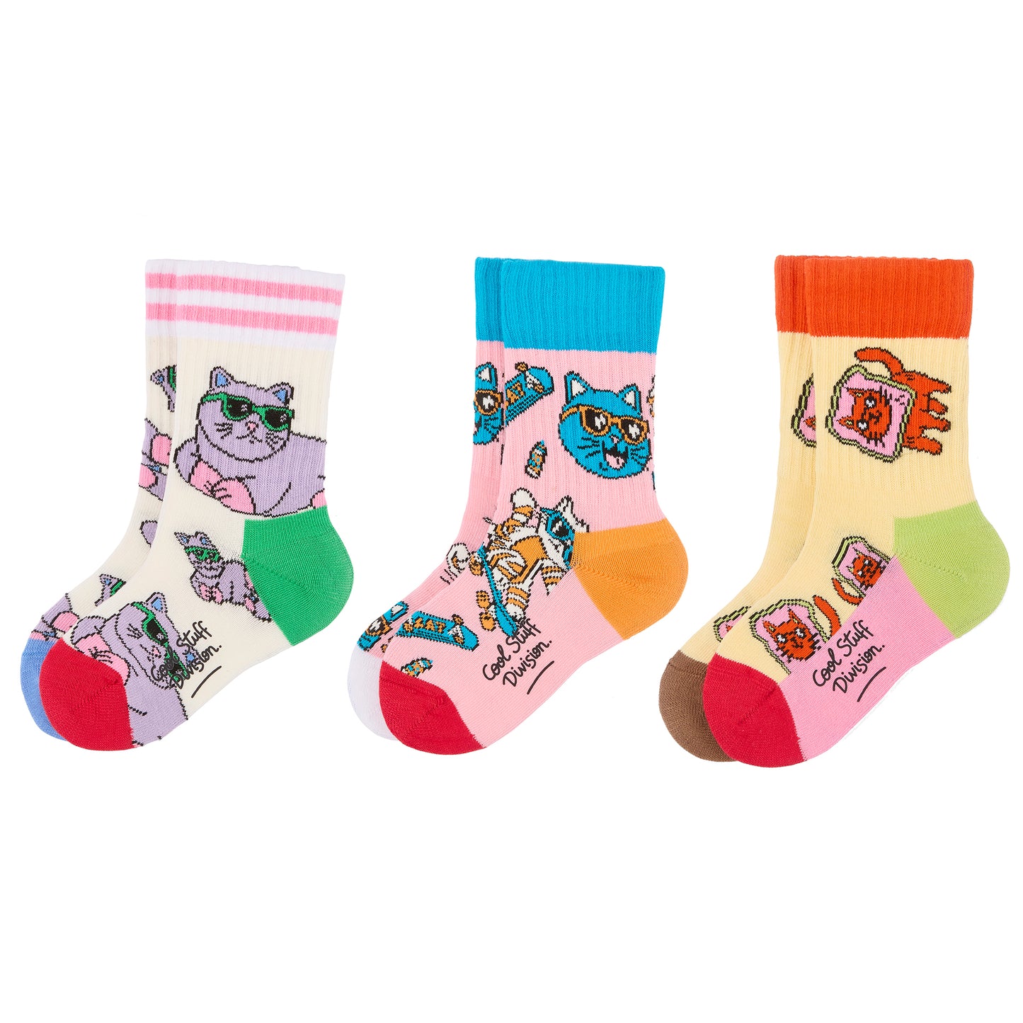 Pack de 3 pares de meias infantis com padrões de gatos – vista plana