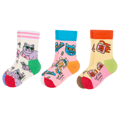 Pack de 3 pares de meias infantis com padrões de gatos – vista plana