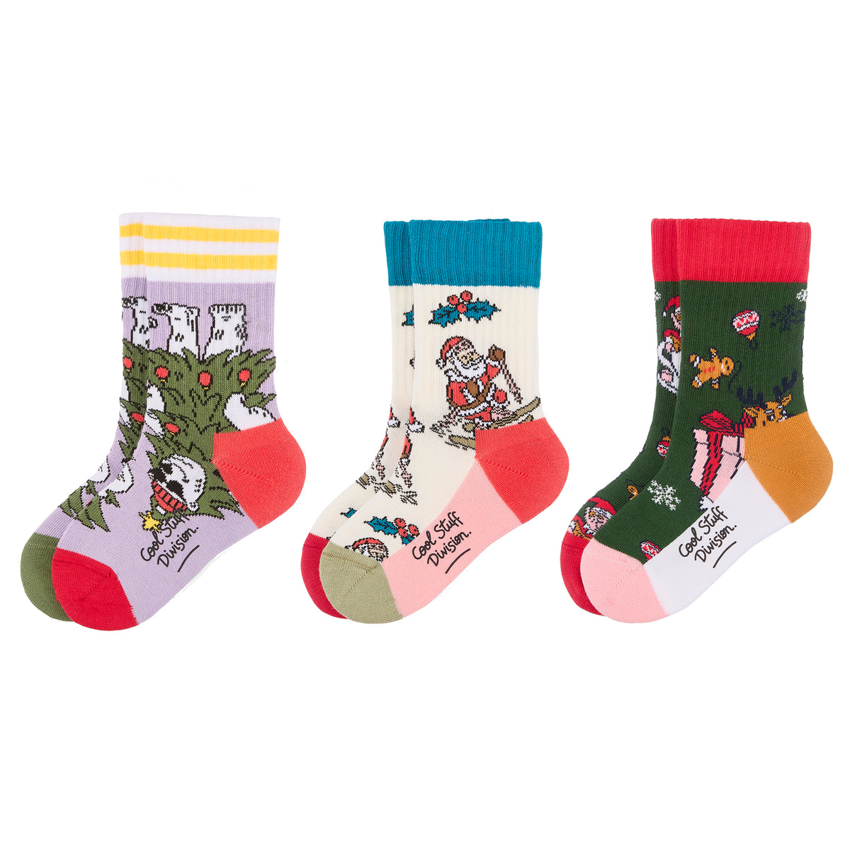 Pack de 3 pares de meias infantis com padrões de natal – vista plana