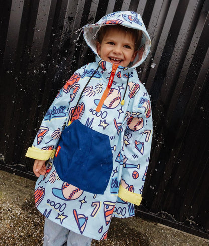 Poncho de chuva para criança azul com padrão desporto, bolso frontal grande Hello Hossy