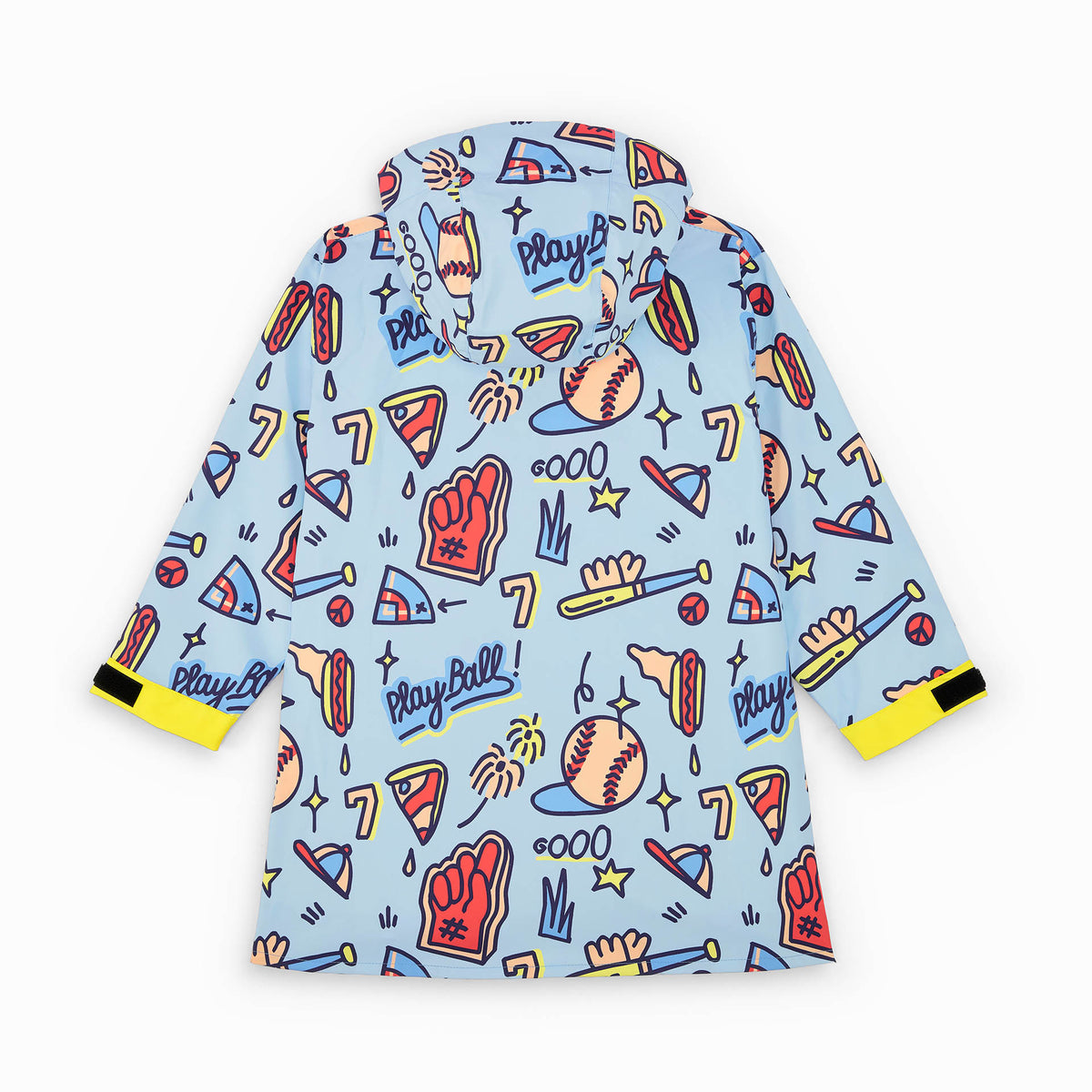 Poncho de chuva infantil azul com estampado de desporto baseball e bolsos amarelos Hello Hossy