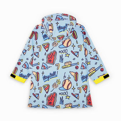 Poncho de chuva infantil azul com estampado de desporto baseball e bolsos amarelos Hello Hossy