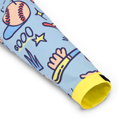 Manga de poncho de chuva de criança azul com motivo de baseball e punho amarelo Hello Hossy