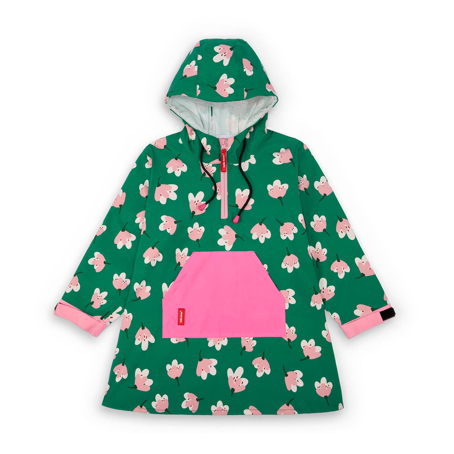 Poncho de chuva infantil verde estampado com flores, bolso rosa, capuz ajustável Hello Hossy