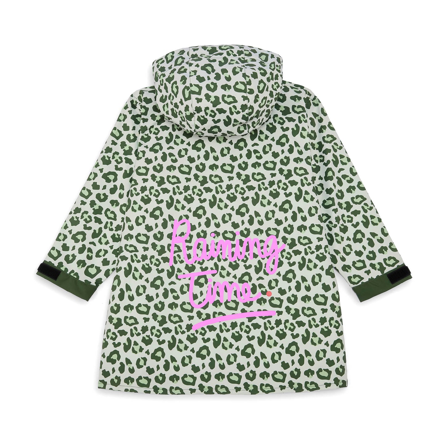 Poncho de chuva verde para criança, padrão leopard, escrita rosa Hello Hossy