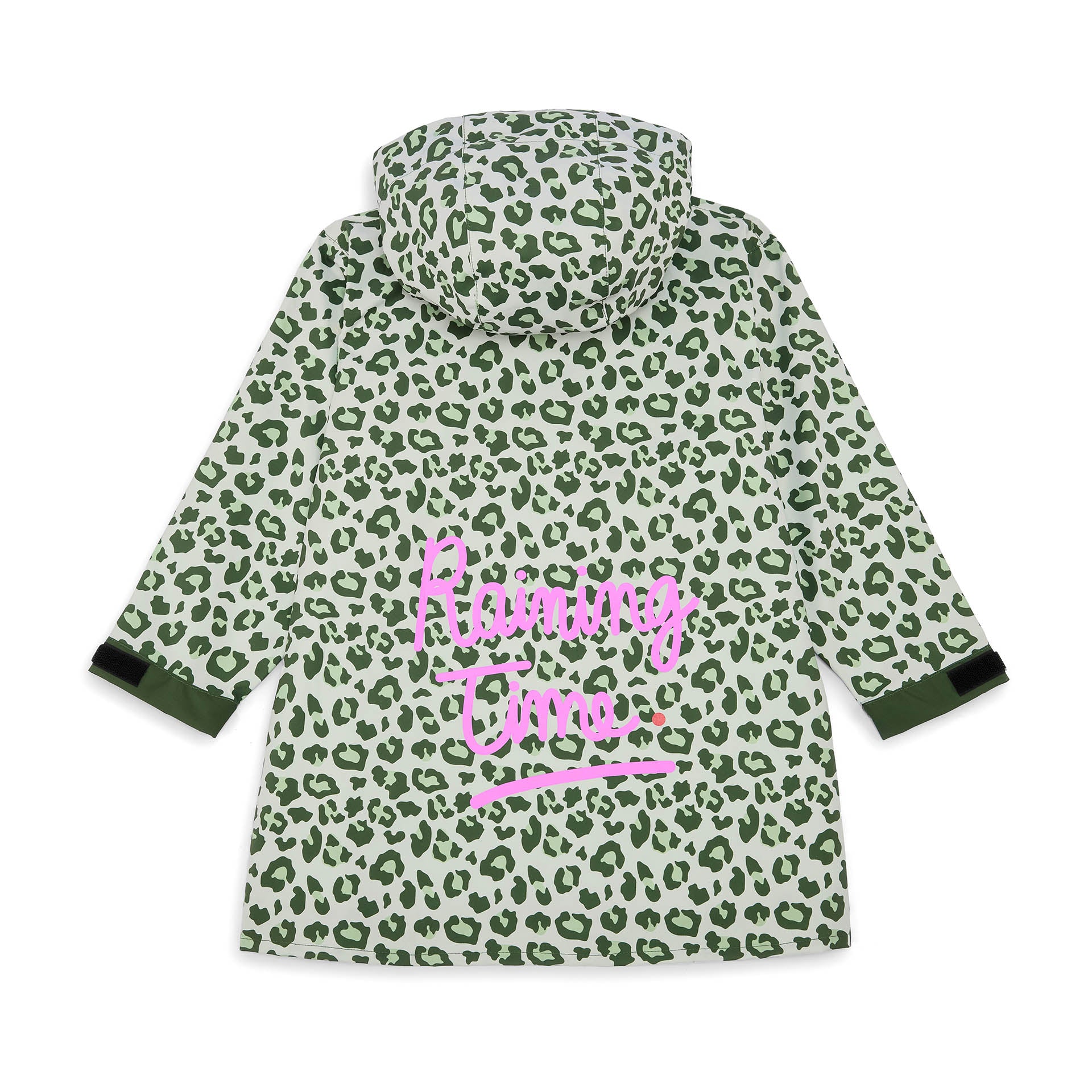 Poncho de chuva verde para criança, padrão leopard, escrita rosa Hello Hossy