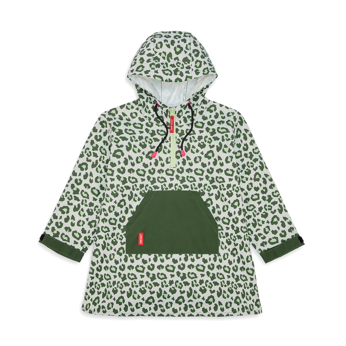 Poncho de chuva infantil verde com estampado leopard e bolso central Hello Hossy