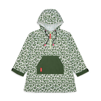Poncho de chuva infantil verde com estampado leopard e bolso central Hello Hossy