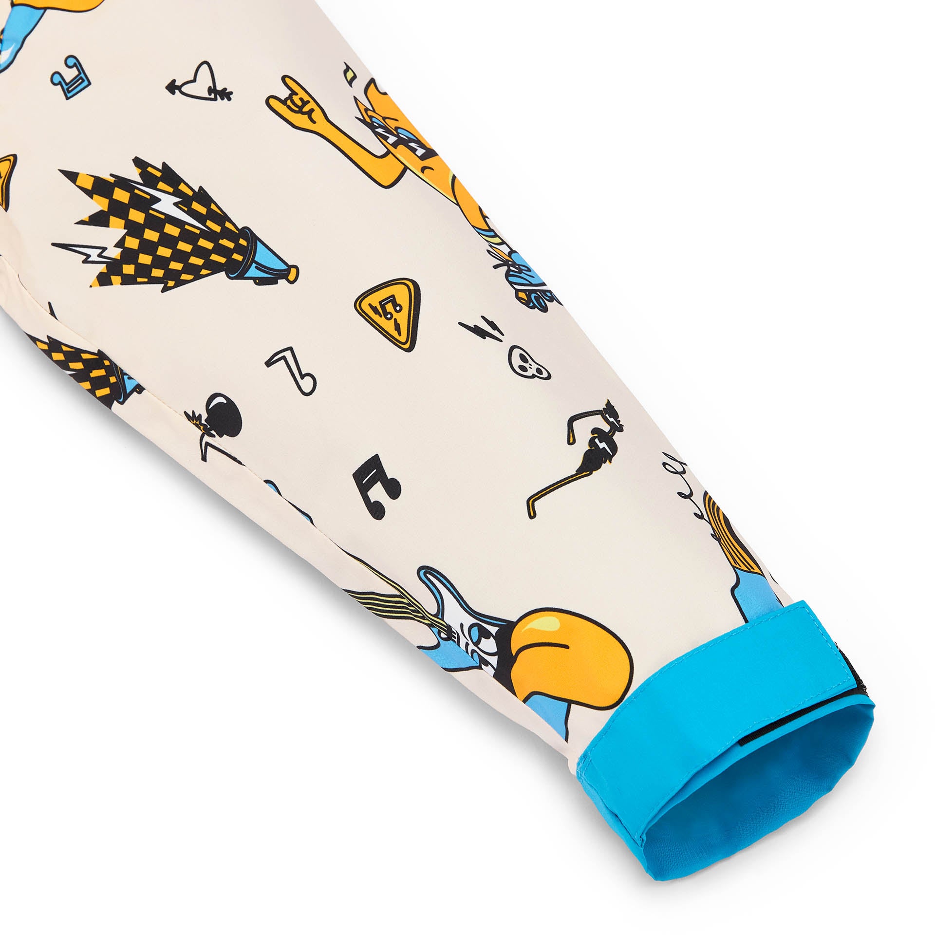 Manga de poncho de chuva infantil creme com padrões de música e rebordo azul Hello Hossy