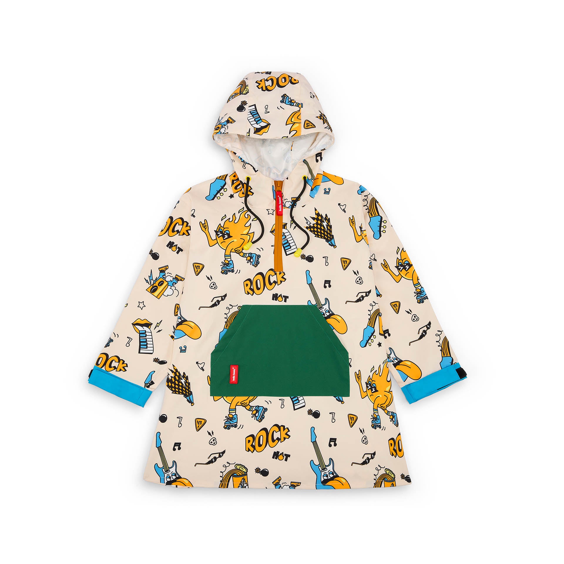 Poncho de chuva infantil creme com estampado de música, bolso canguru verde Hello Hossy