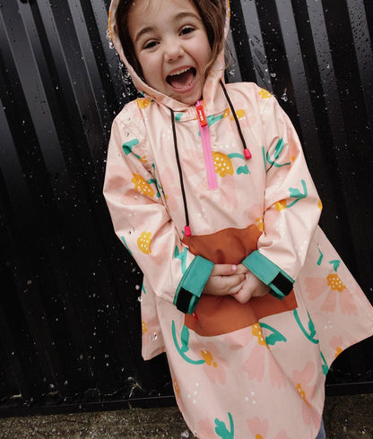 Poncho de chuva infantil rosa com padrão de flores Camel verde Hello Hossy