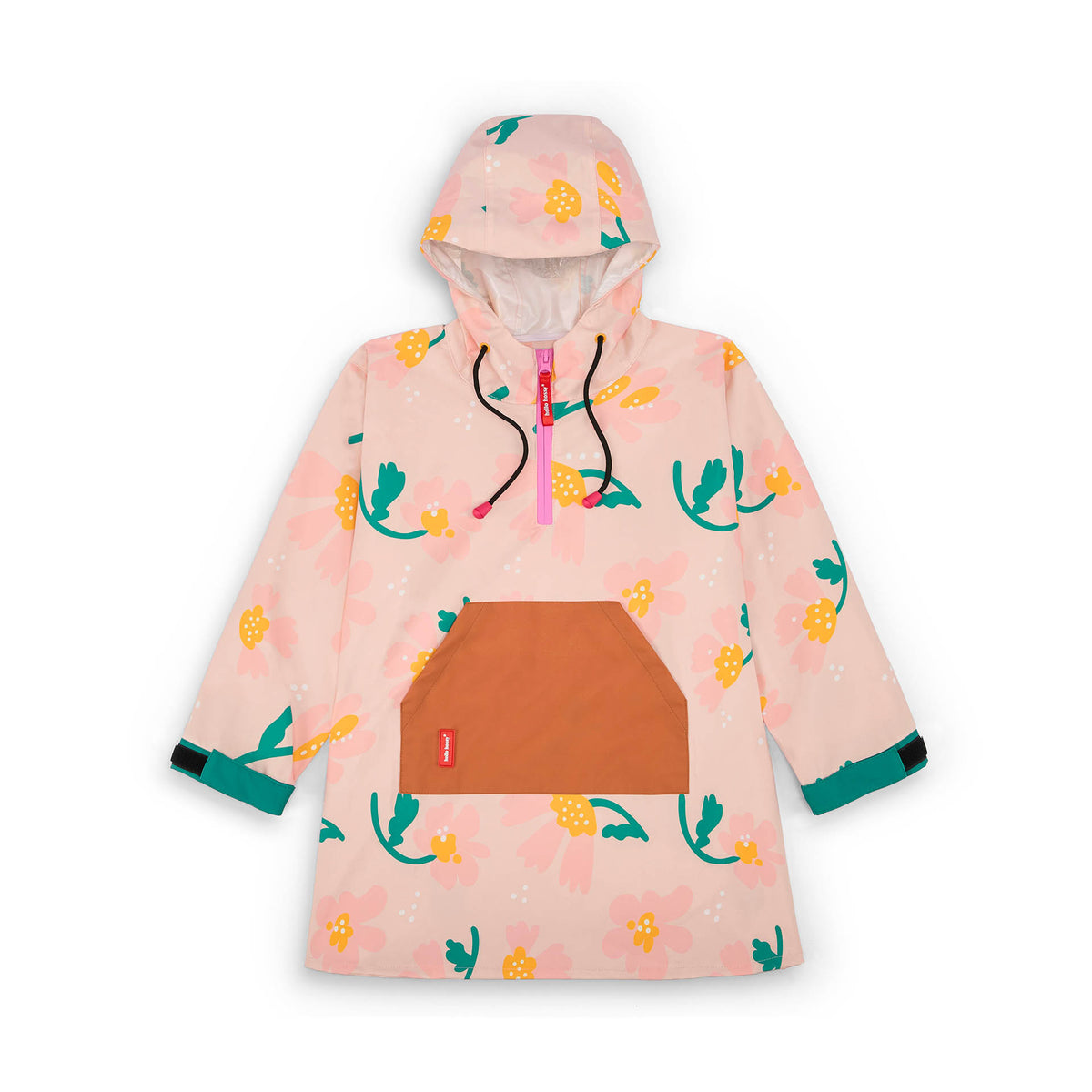 Poncho de chuva infantil rosa com padrão de flores e bolso Camel Hello Hossy