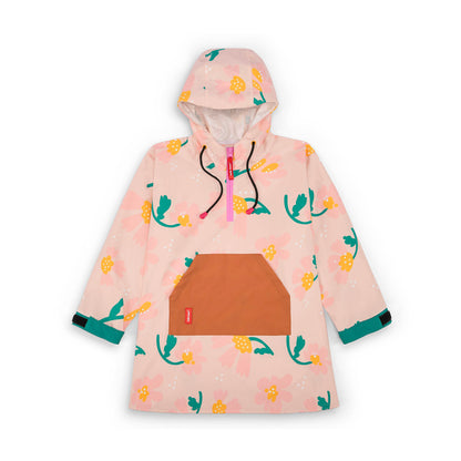 Poncho de chuva infantil rosa com padrão de flores e bolso Camel Hello Hossy
