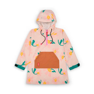 Poncho de chuva infantil rosa com padrão de flores e bolso Camel Hello Hossy