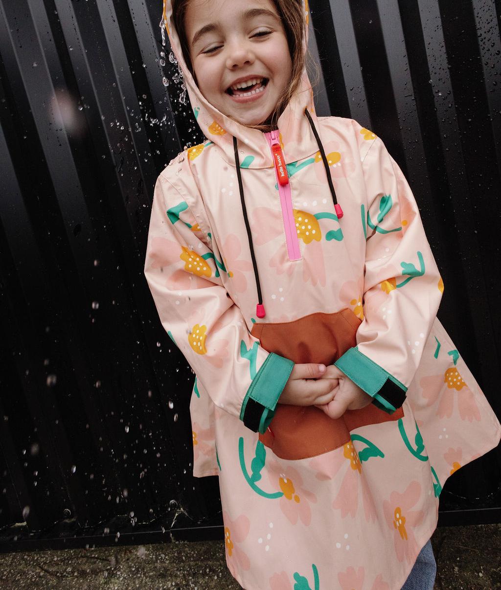 Poncho de chuva infantil rosa, Camel e verde com padrão de flores, capuz Hello Hossy