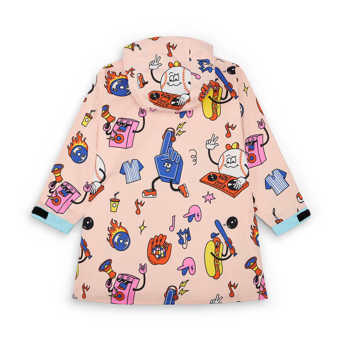 Poncho de chuva infantil creme com estampado desporto Food e mangas azuis Hello Hossy
