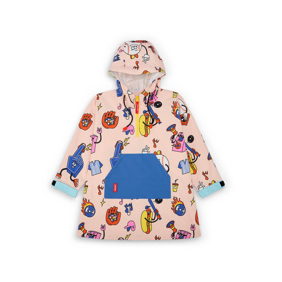 Poncho de chuva infantil rosa com estampado colorido e bolso azul Hello Hossy