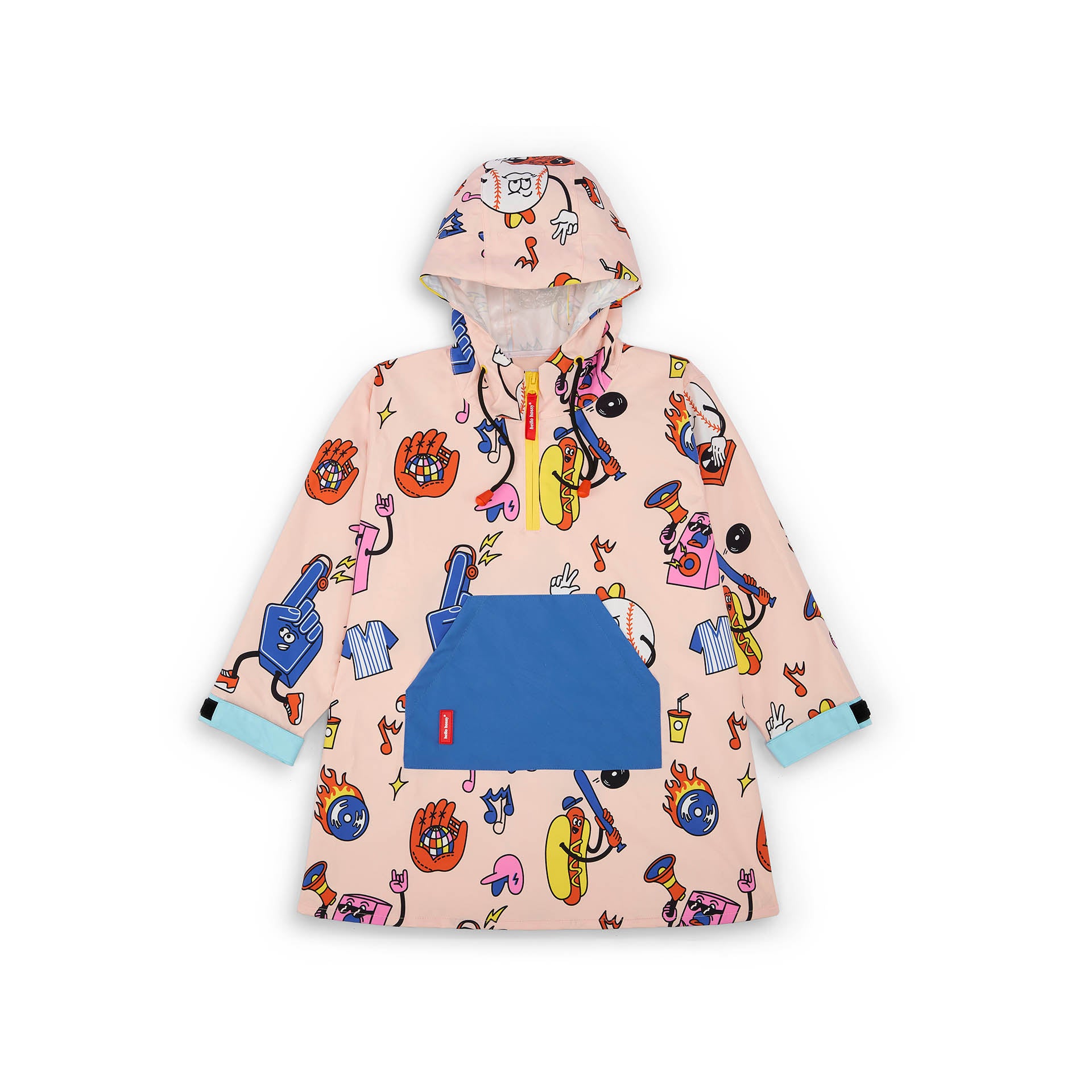 Poncho de chuva infantil rosa com estampado colorido e bolso azul Hello Hossy