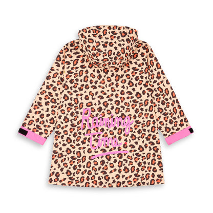Poncho de chuva com capuz leopard para criança e adulto – vista plana, de costas