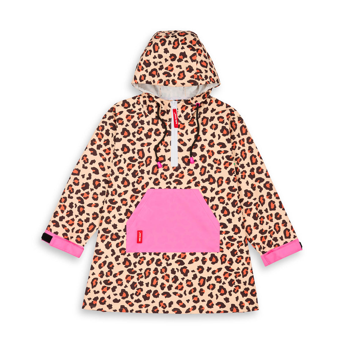 Poncho de chuva impermeável com capuz leopard para criança e adulto – vista plana, de frente