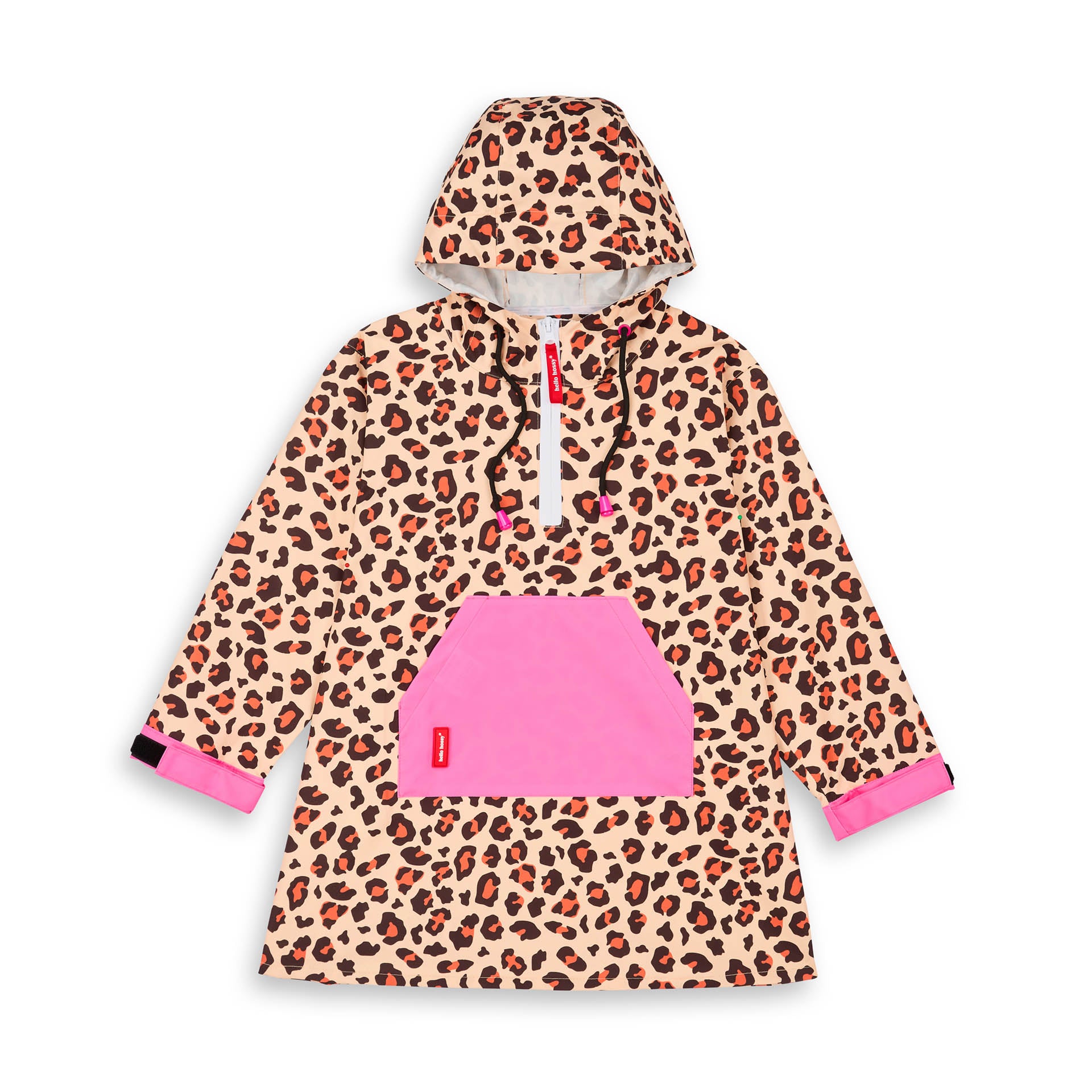 Poncho de chuva impermeável com capuz leopard para criança e adulto – vista plana, de frente