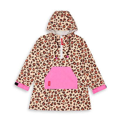 Poncho de chuva impermeável com capuz leopard para criança e adulto – vista plana, de frente
