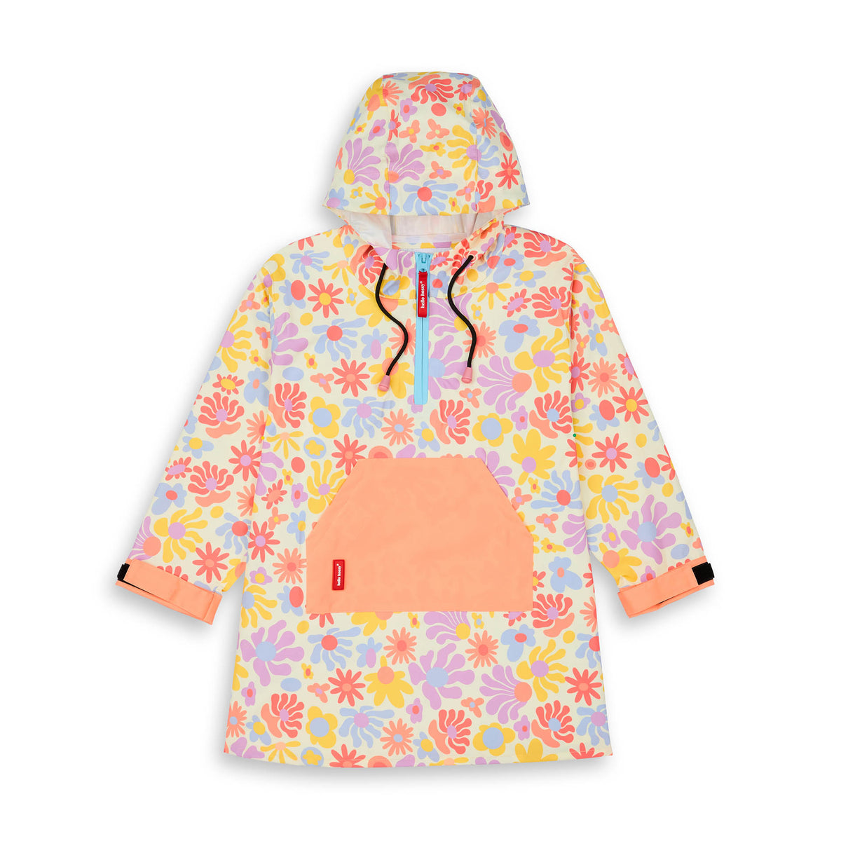 Poncho de chuva impermeável com capuz Retro Flowers para criança – vista plana, de frente