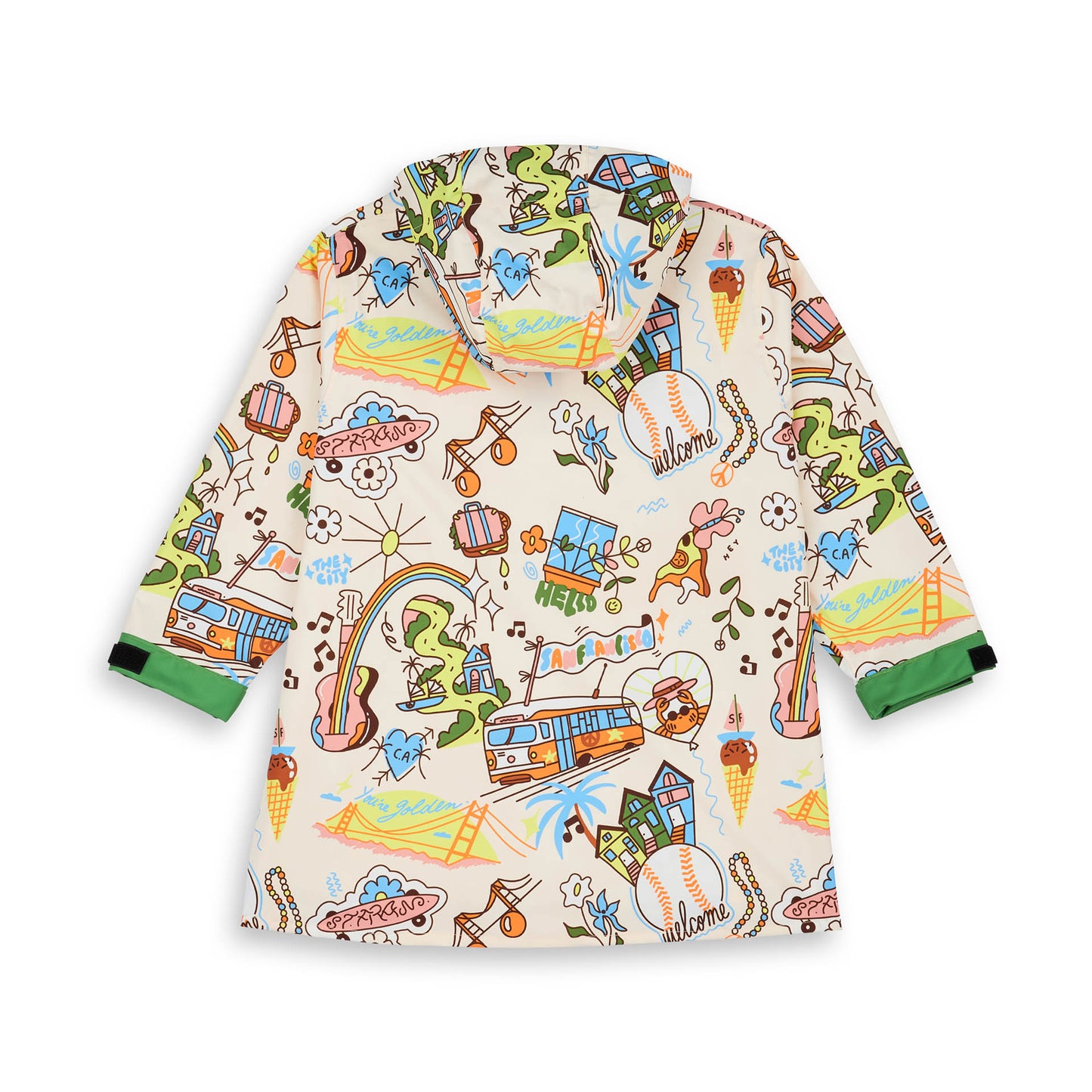 Poncho de chuva com capuz San Francisco para criança – vista plana, de costas