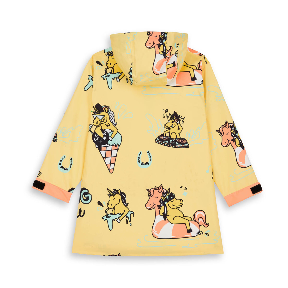 Poncho de chuva Unicorn com capuz para criança – vista plana, de costas
