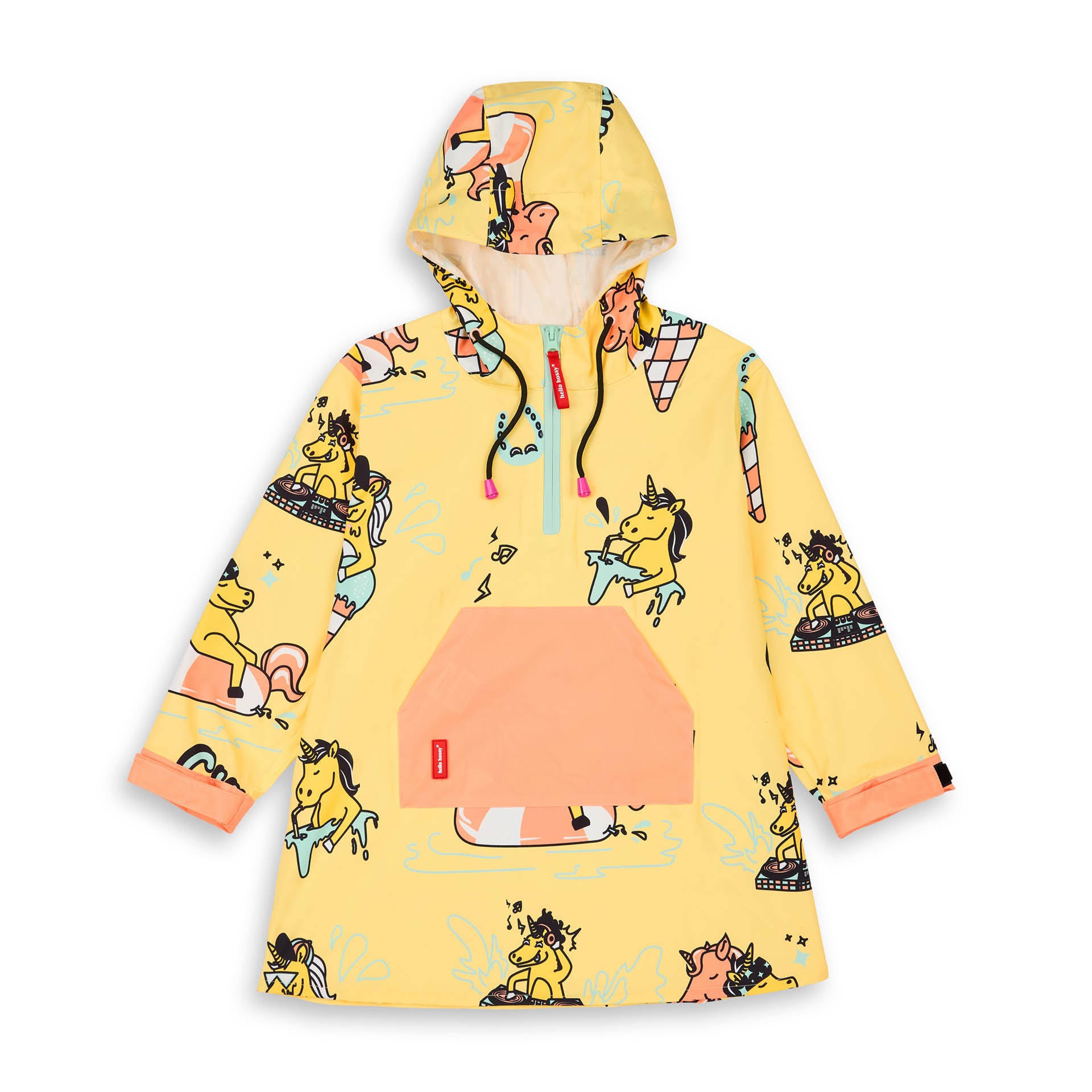 Poncho de chuva impermeável com capuz Unicorn para criança – vista plana, de frente