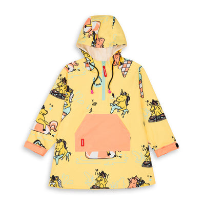 Poncho de chuva impermeável com capuz Unicorn para criança – vista plana, de frente