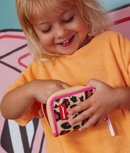 Porta-moedas infantil bege com estampado leopard e rebordo rosa Hello Hossy