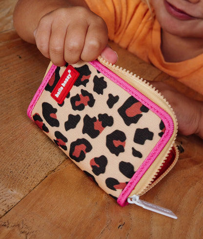 Porta-moedas bege para criança, padrão leopard, rebordo rosa, Hello Hossy