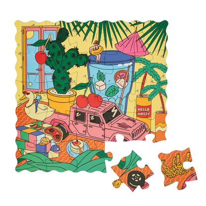 Puzzle infantil Hello Hossy "Cherry Safari" parcialmente montado – vista plana – fundo branco