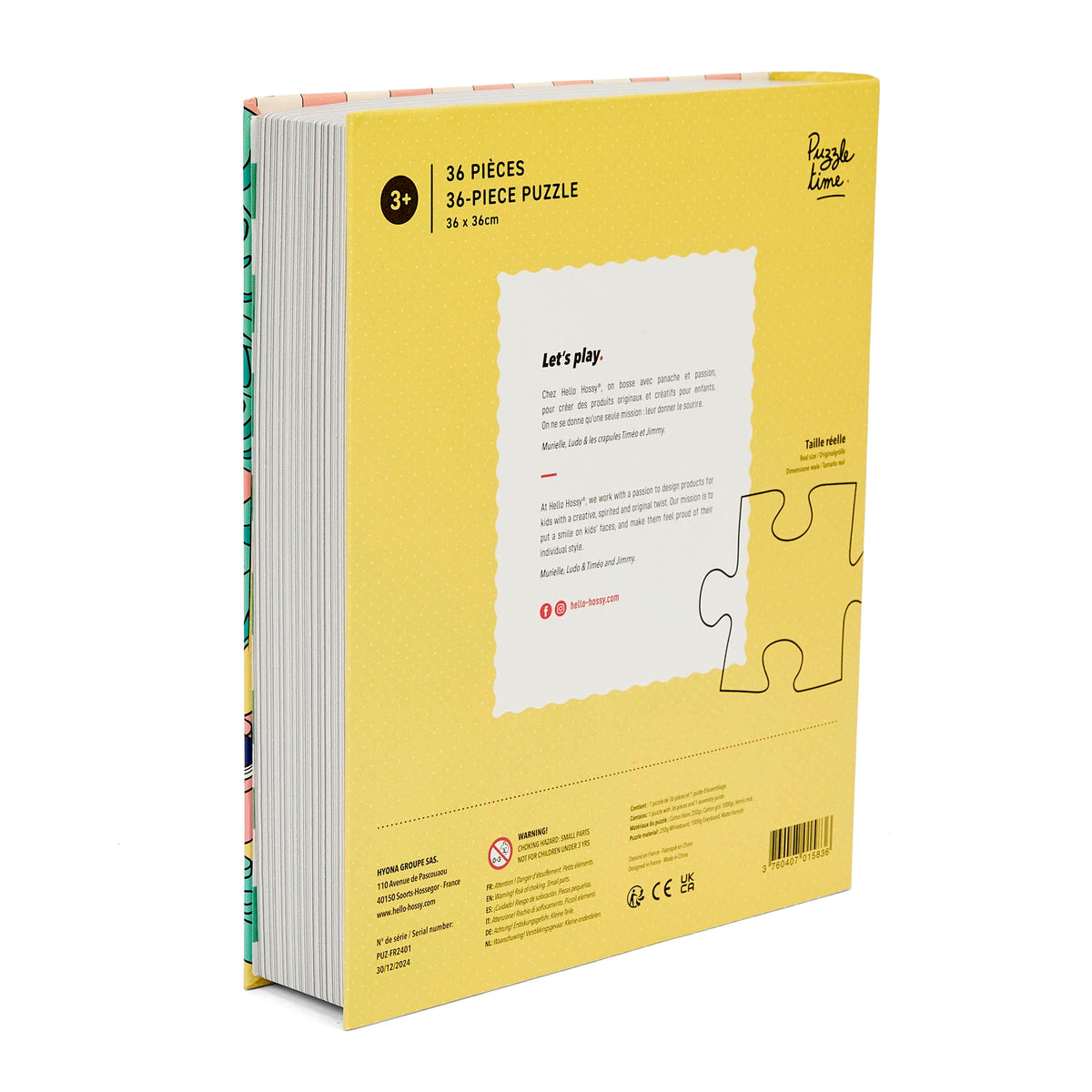 Puzzle infantil Hello Hossy em formato de livro – 36 peças – verso ilustrado com mensagem da marca – vista traseira