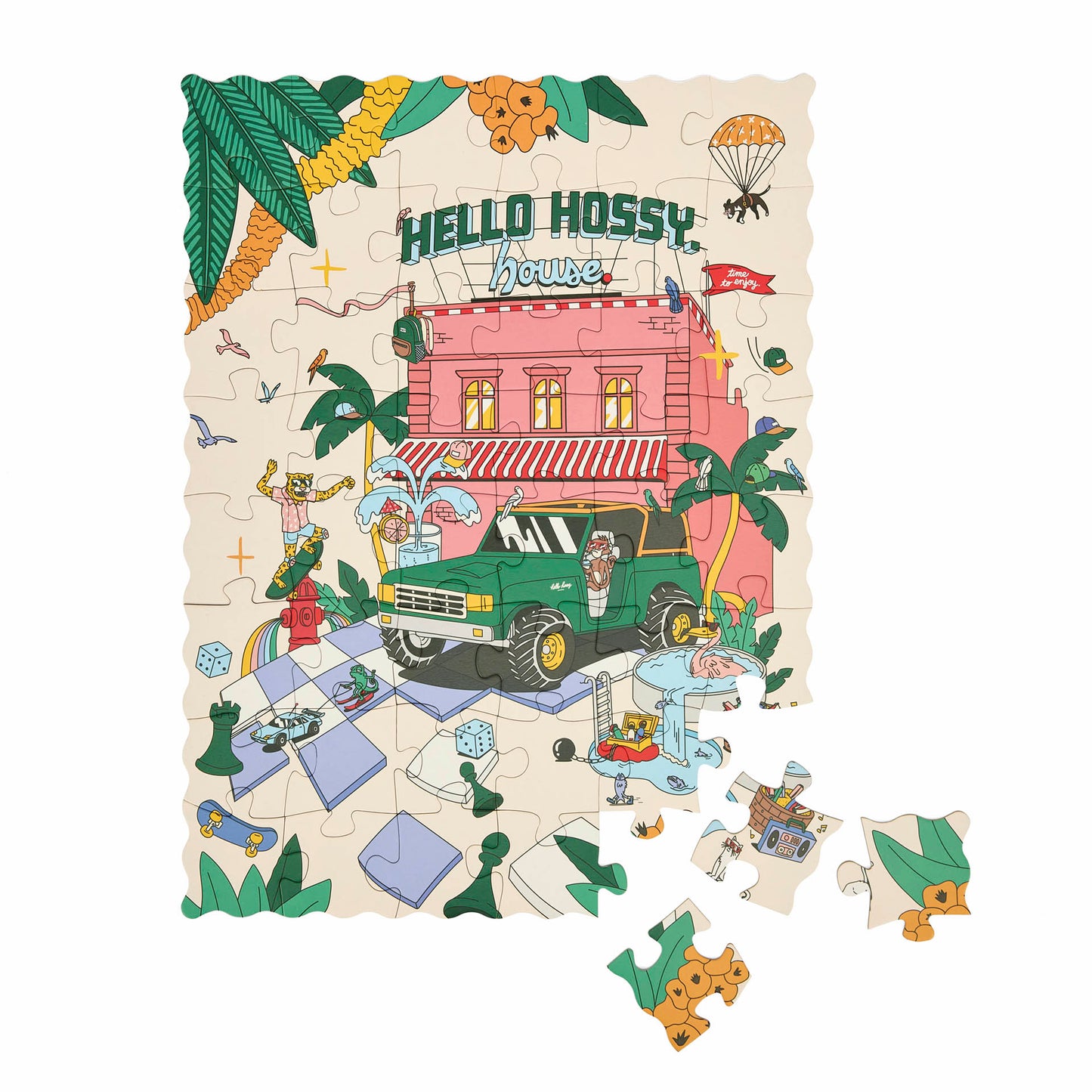 Puzzle infantil Hello Hossy "Hello Hossy House" parcialmente montado – vista de cima – fundo branco