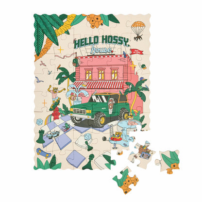 Puzzle infantil Hello Hossy "Hello Hossy House" parcialmente montado – vista de cima – fundo branco