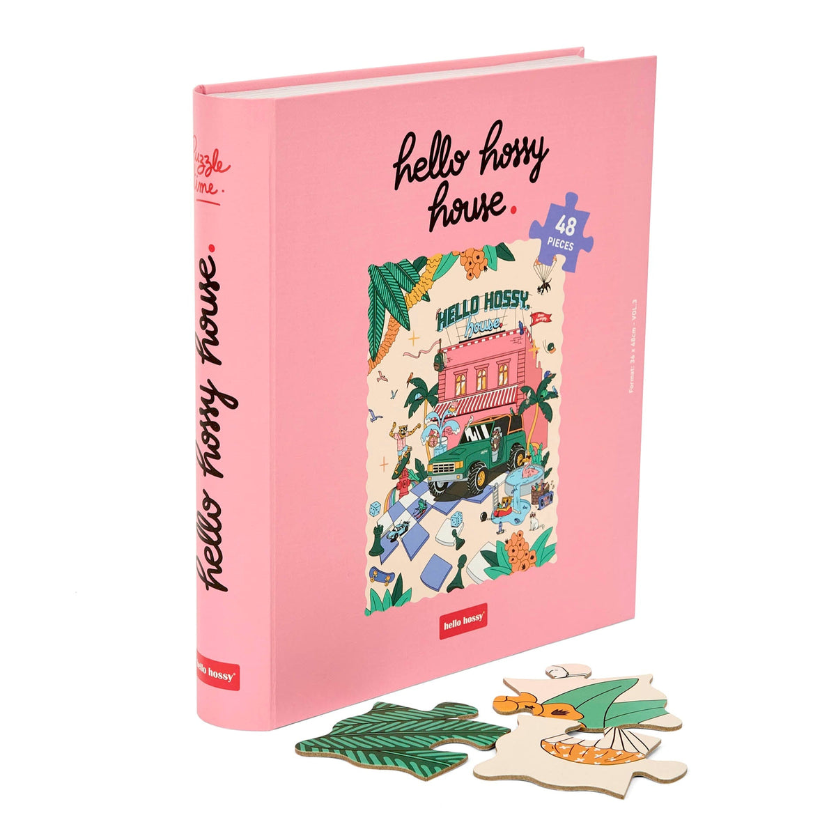 Puzzle para criança Hello Hossy em formato de livro – 36 peças – verso ilustrado com mensagem da marca – vista frontal