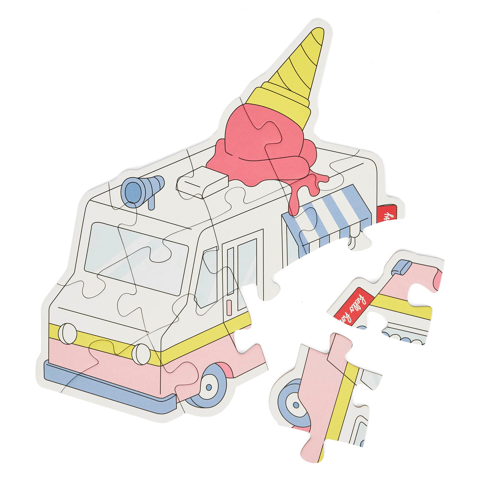 Puzzle evolutivo para criança Hello Hossy "Just Enjoy", em forma de carrinha de gelados, parcialmente montado – vista de cima – fundo branco