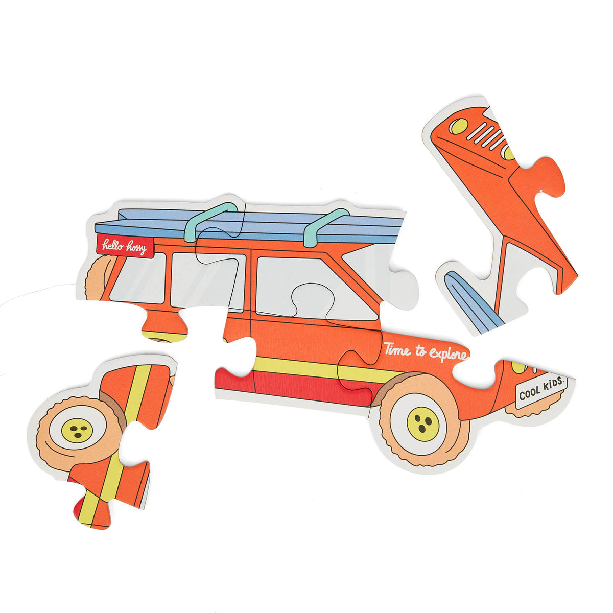 Puzzle evolutivo infantil Hello Hossy "Just Enjoy", formato carro, parcialmente montado – vista plana – fundo branco