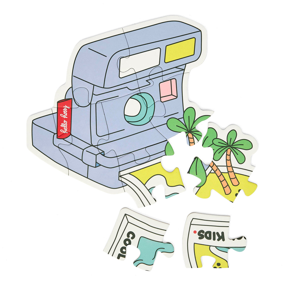 Puzzle evolutivo para criança Hello Hossy "Just Enjoy", em forma de máquina fotográfica, parcialmente montado – vista plana – fundo branco