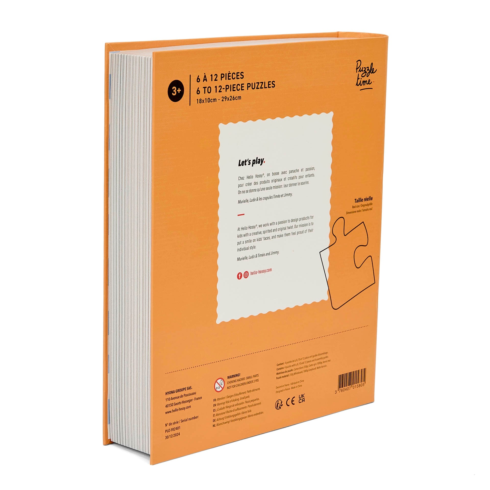 Puzzles evolutivos para criança Hello Hossy em formato de livro – verso ilustrado com mensagem da marca – vista traseira