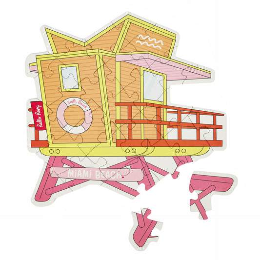 Puzzle infantil Hello Hossy "Miami Plage" parcialmente montado – vista de cima – fundo branco