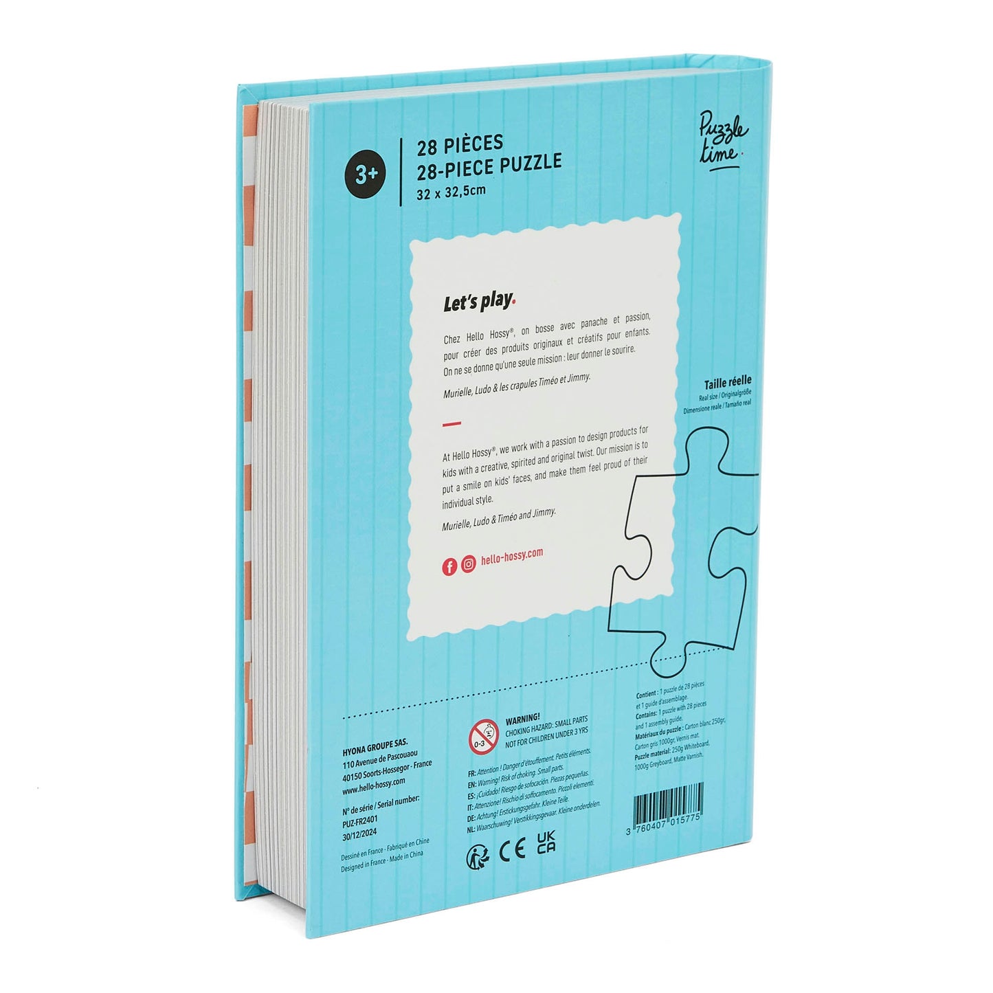Puzzle infantil Hello Hossy em formato de livro – 28 peças – verso ilustrado com mensagem da marca – vista traseira