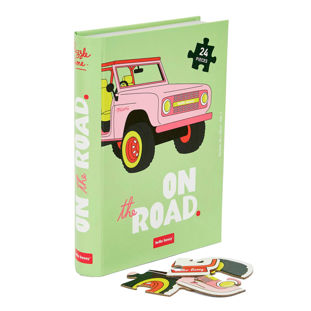 Puzzle infantil Hello Hossy em formato de livro – 24 peças – verso ilustrado com mensagem da marca – vista frontal