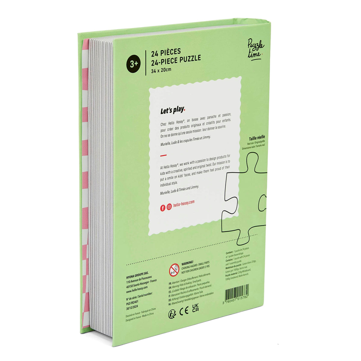 Puzzle para criança Hello Hossy em formato de livro – 24 peças – verso ilustrado com mensagem da marca – vista traseira